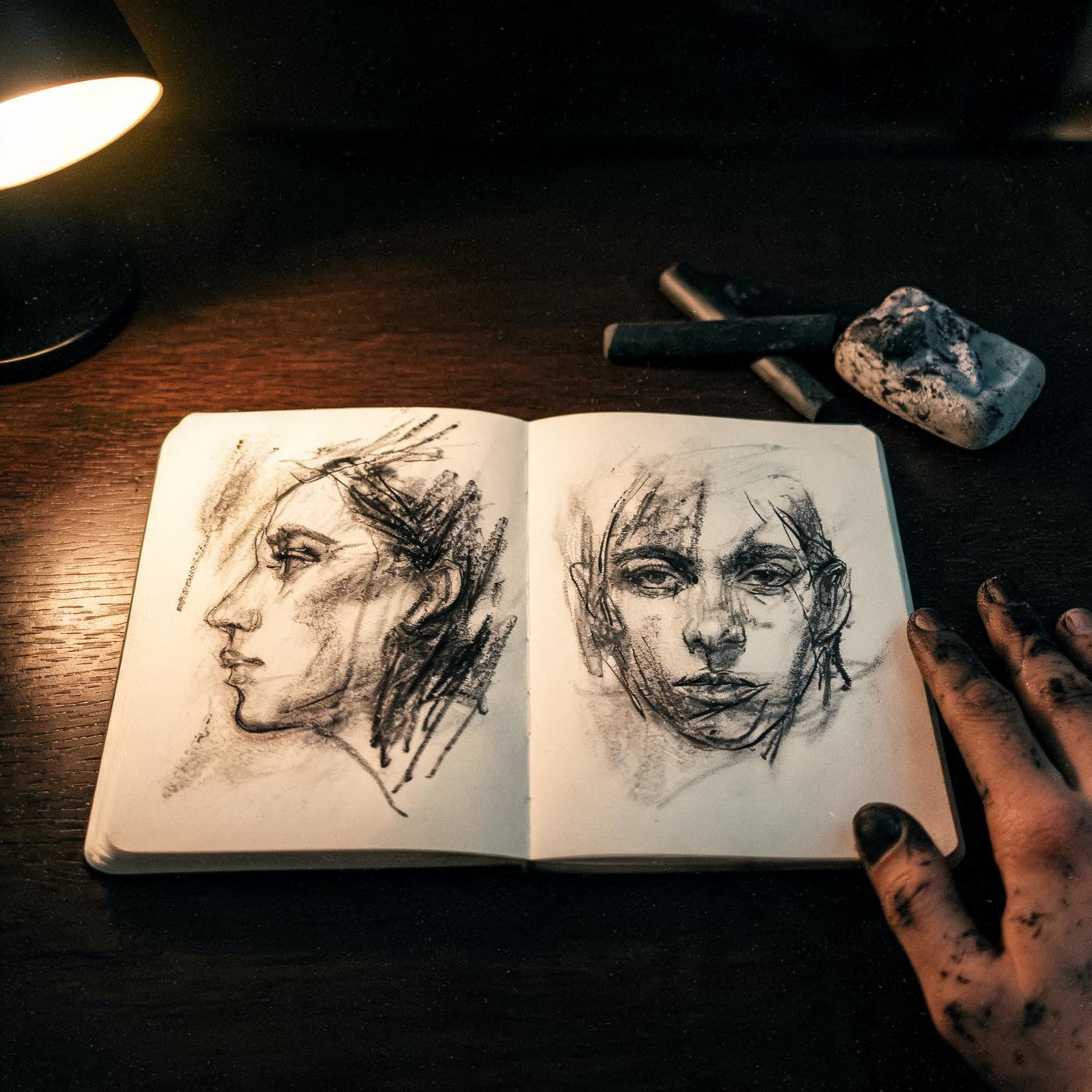 Open sketchbook with detailed ink drawings alongside a guitar neck in the background
