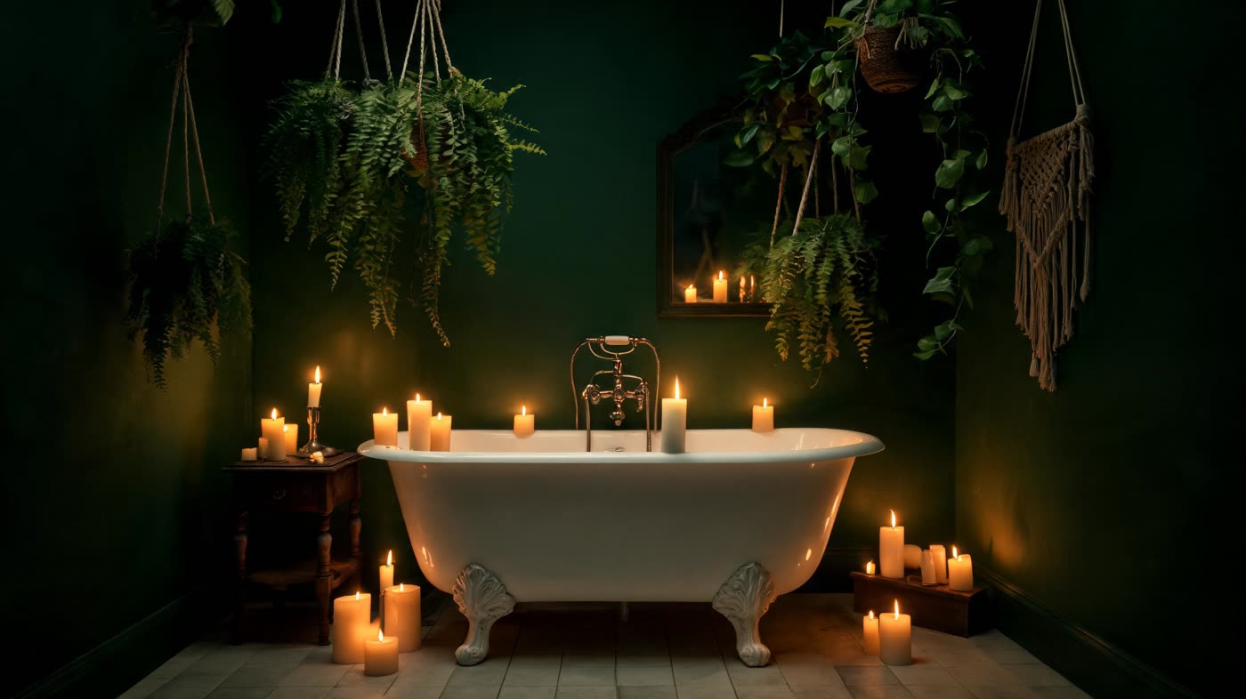 A well-lit bathroom vanity with warm lighting and tidy counter space