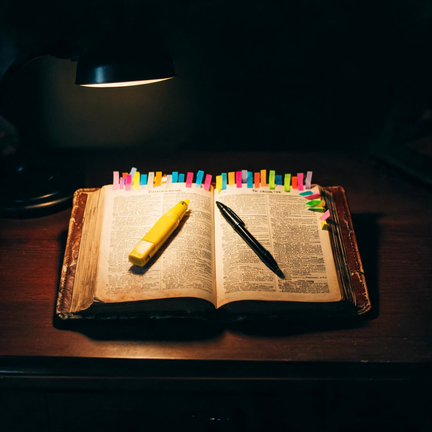 An open annotated Bible with highlighted and tabbed pages