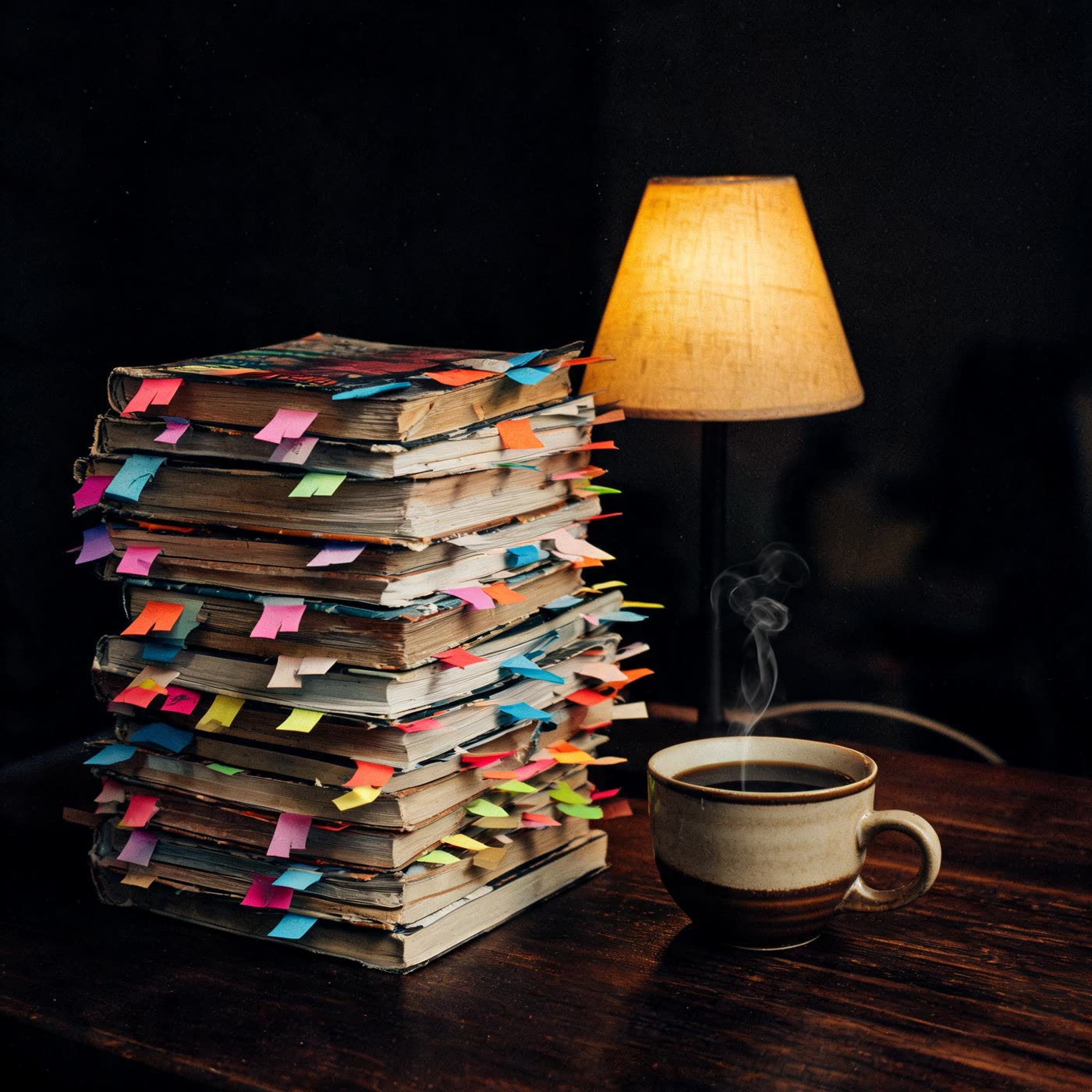 Stack of open books with warm reading light