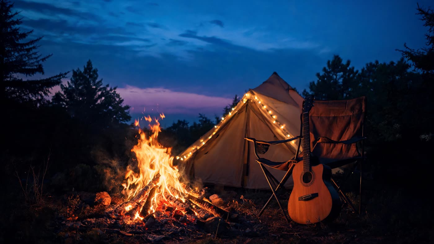 A campsite at dusk with a small fire, a tent, and a guitar leaning against a tree