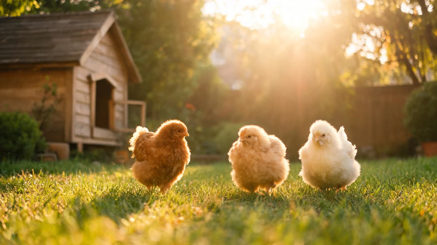 Small bantam chickens in a sunny backyard coop setting