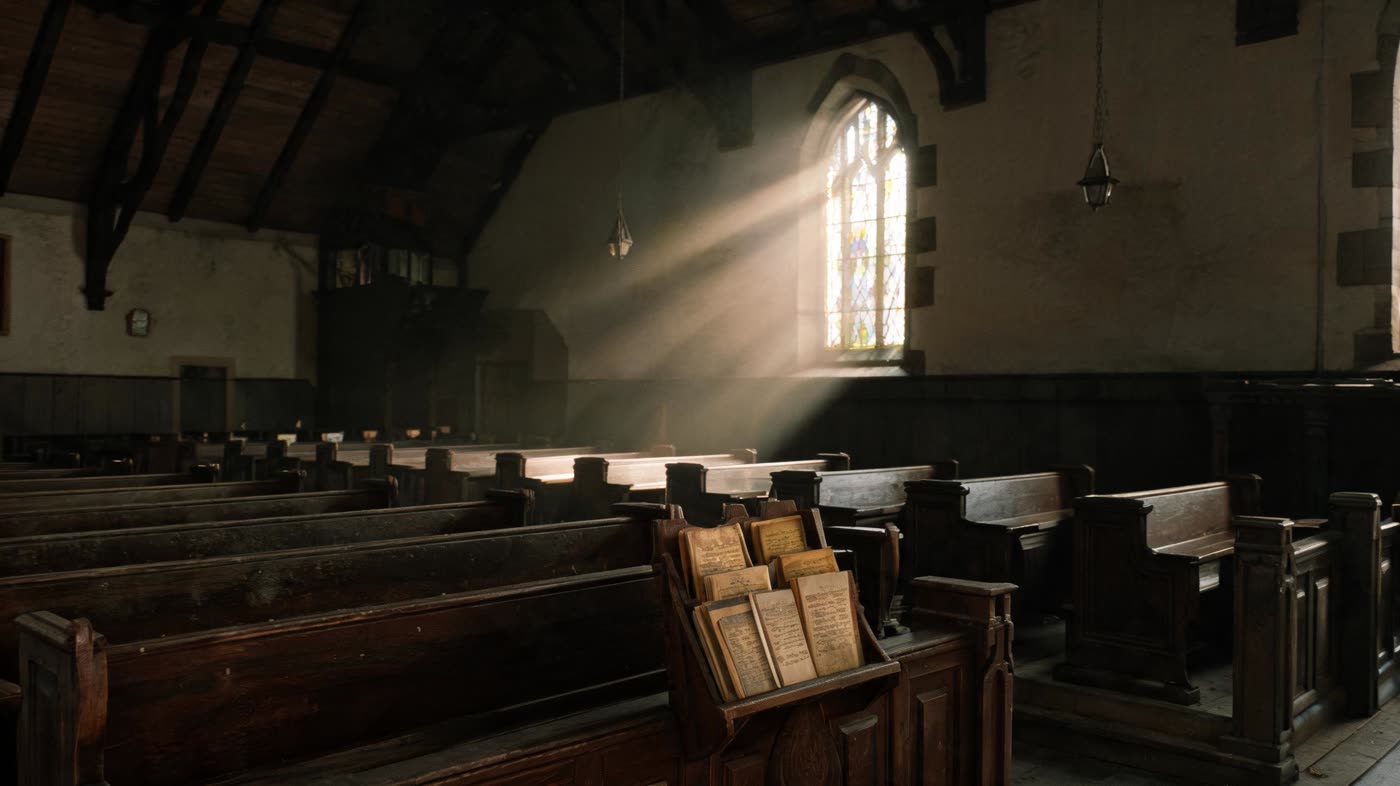 Empty church pews in dim light, sun cutting through stained glass