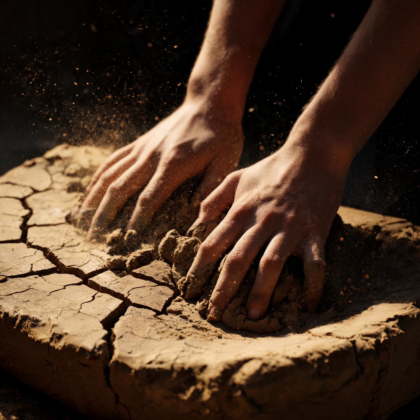 Hands pressing into a block of colorful clay, texture and fracture lines visible