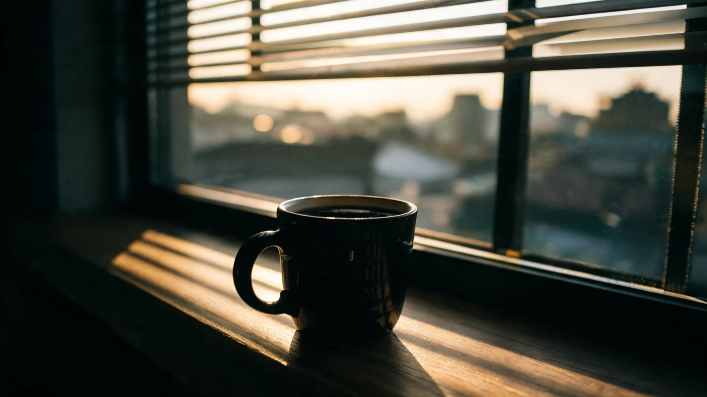 A mug of coffee on a windowsill with warm light, late morning atmosphere