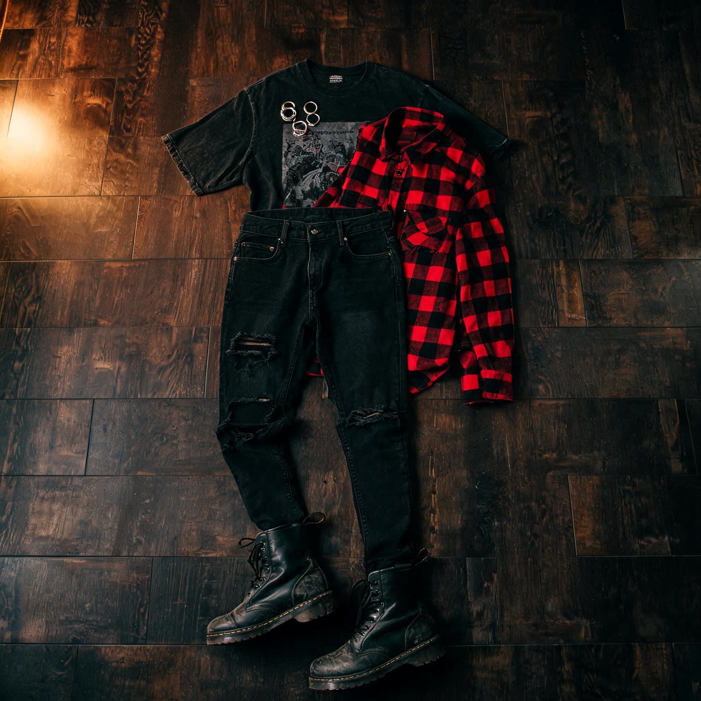 Cozy alt-style outfit flat lay with flannel, band tee, and worn boots