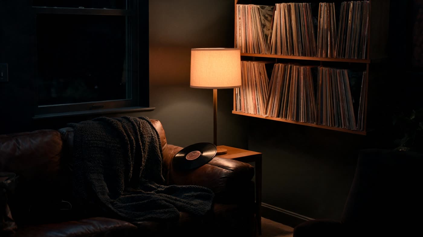 Warm lamp light over vinyl records and a cozy blanket-draped chair in a lived-in apartment