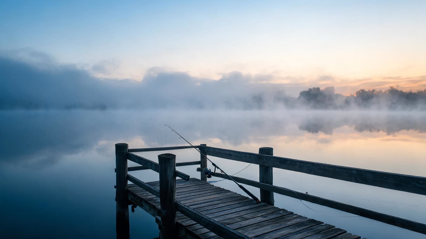 A quiet lake at dawn, fishing line in still water