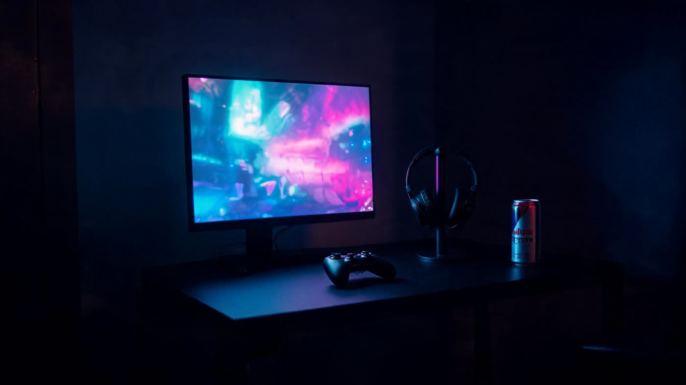 Gaming controller illuminated in warm blue and orange light on a desk