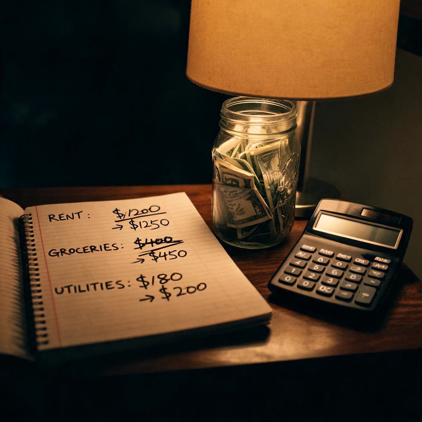 Open notebook with handwritten budget figures beside a coffee cup