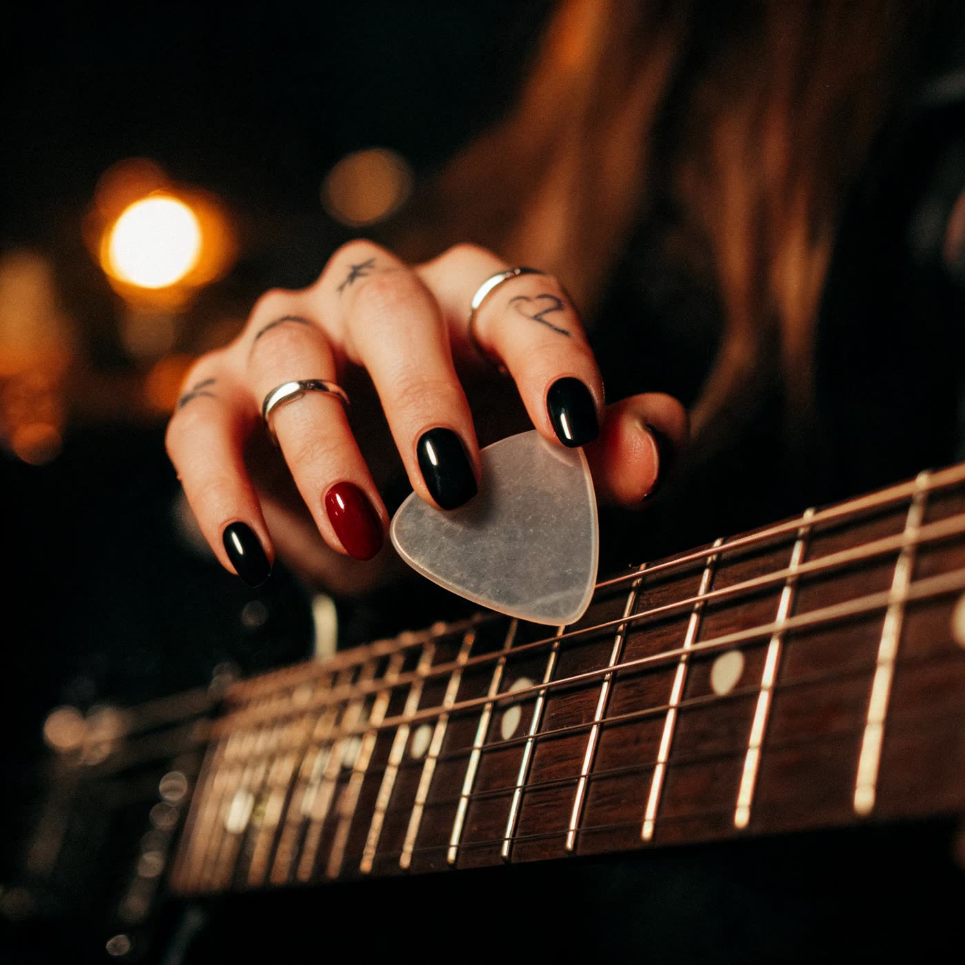 Close-up of decorated nails on a guitar fretboard, short on the left hand, longer painted nails on the right