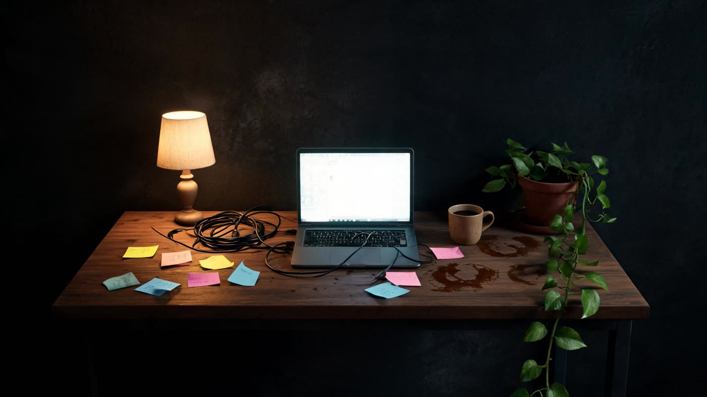 A creative workspace with various small gadgets, a lamp, notebook, and coffee mug arranged on a desk