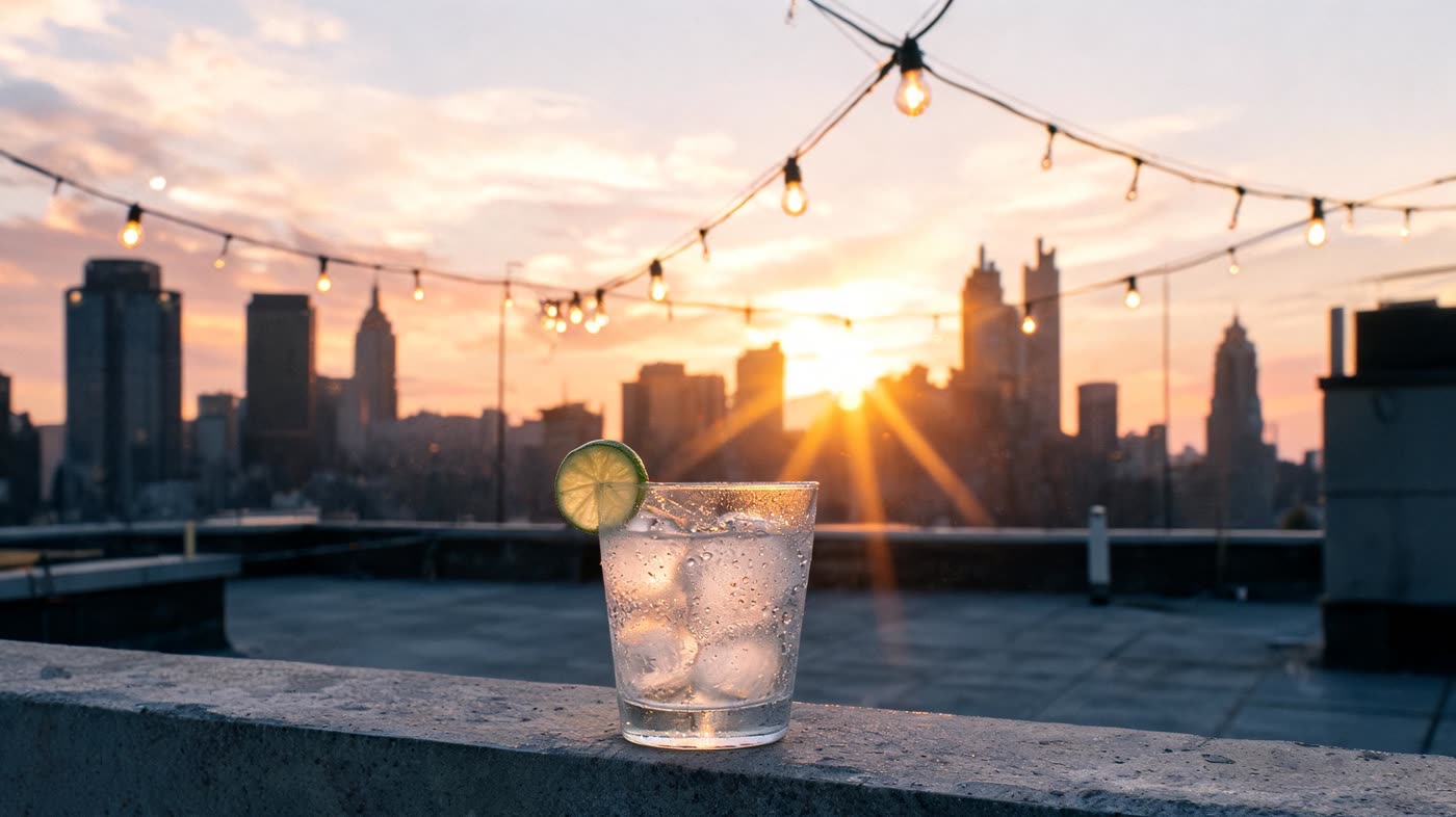 Rooftop view at dusk with a drink on the ledge, city lights coming on below