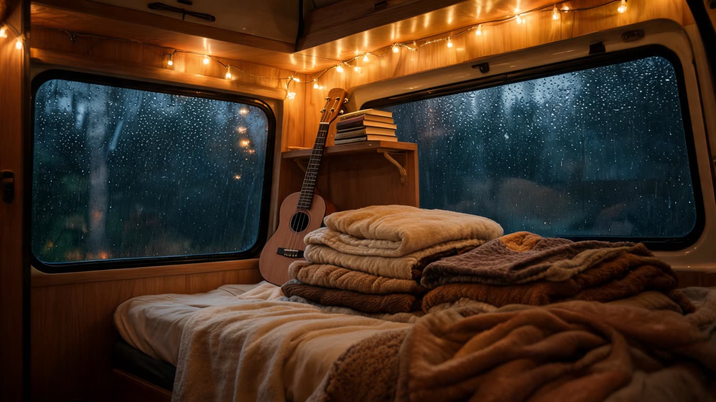 A warm camper van interior with string lights, a small table, and a guitar propped against the wall