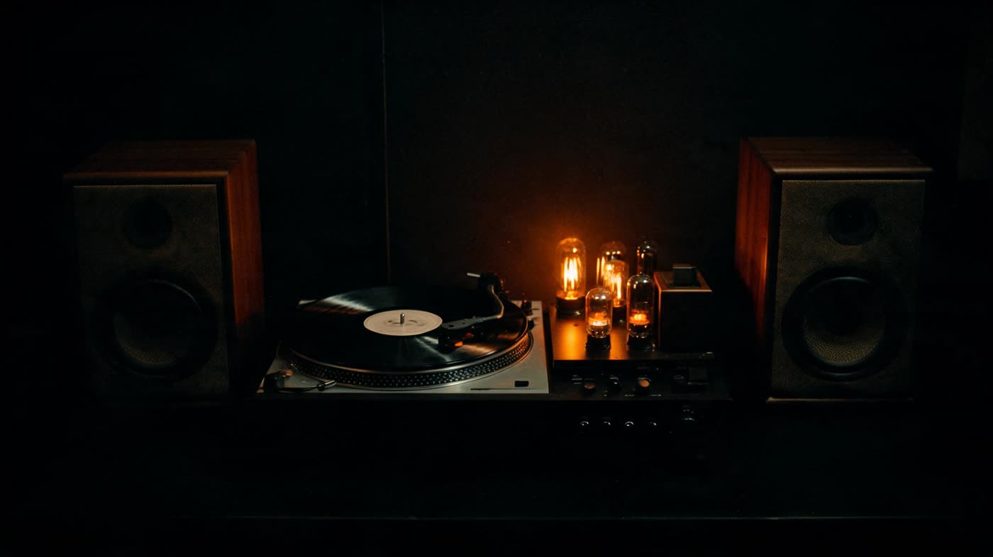 Studio monitor speakers on a desk with cables and audio interface