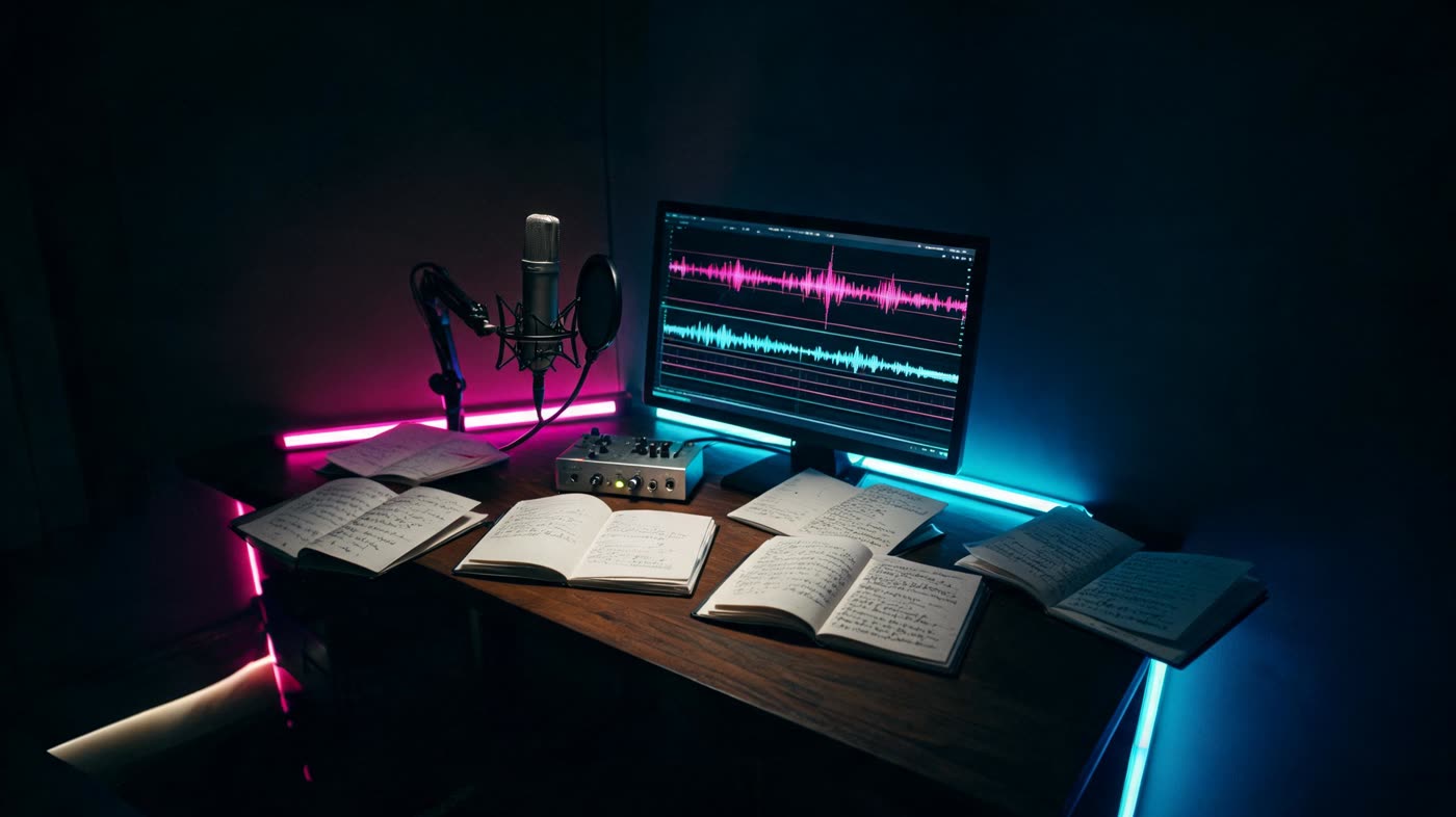 A warm home studio desk with a lamp, audio interface, and handwritten notebooks