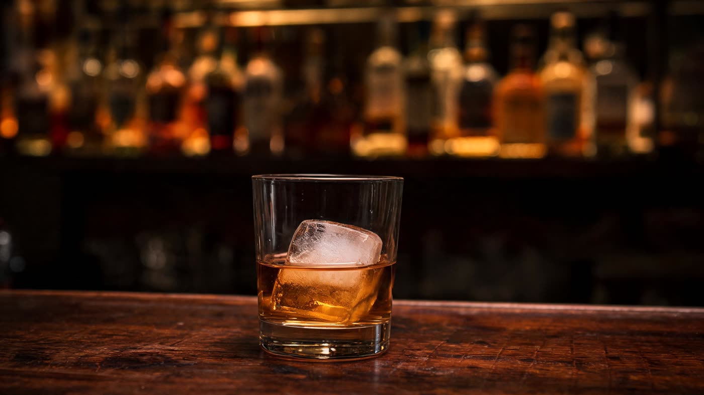 A glass of amber whiskey on a worn wooden bar, warm light