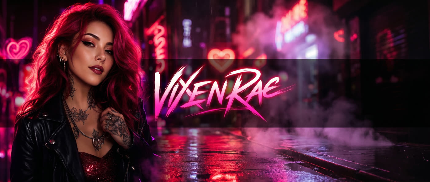 Vixen Rae standing onstage in stage lighting, guitar in hand, looking out