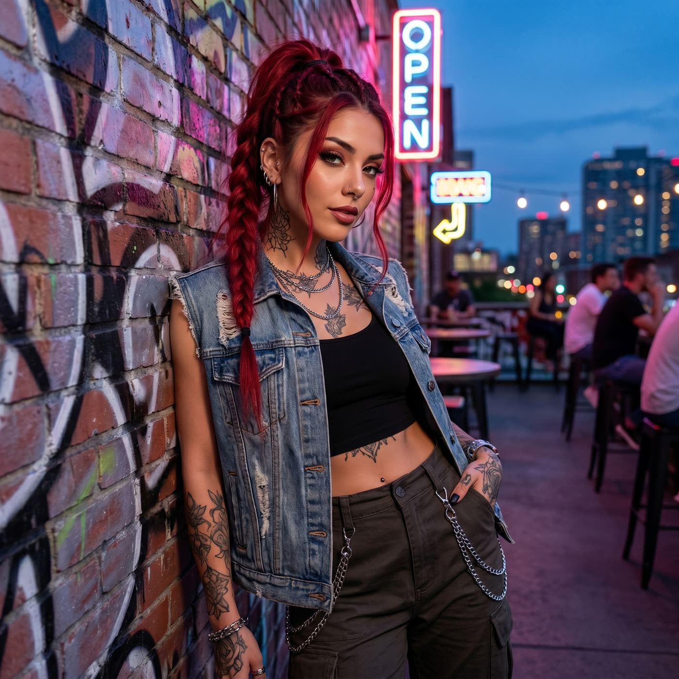 Vixen Rae with her red hair loose, laughing at her own reflection