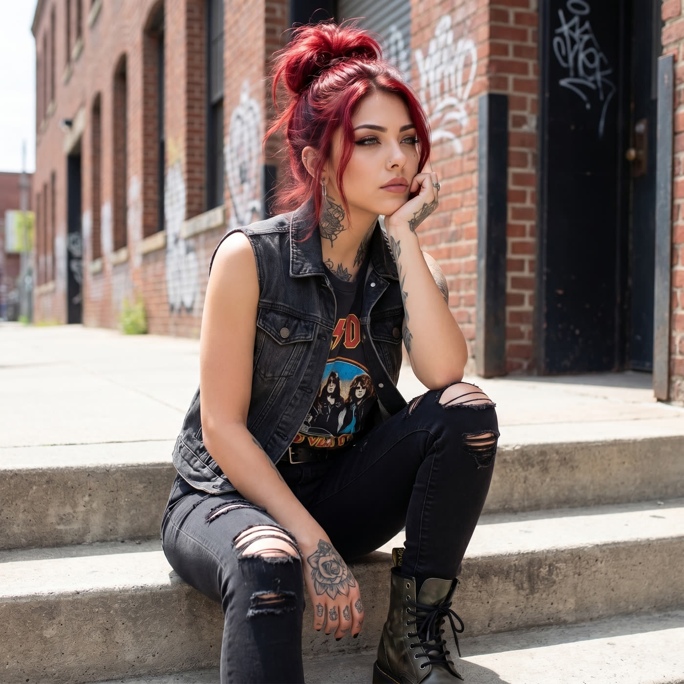 Vixen Rae looking at her phone at a desk with notebooks and a coffee mug beside her